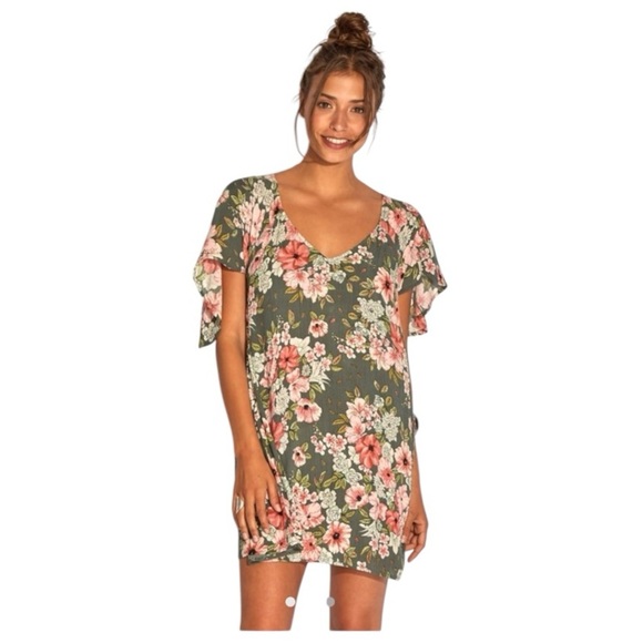 Billabong Mini Floral Flatter Dress Green Pink V-neck XS - Picture 1 of 7